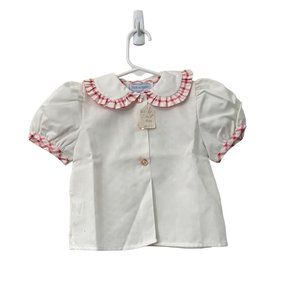 Bebe de France White Pink Gingham Ruffle Collar Short Sleeve Shirt Size 9M NEW